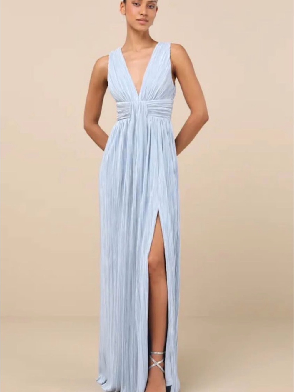 Lulu's Light Blue Plissé V-Neck Maxi Dress